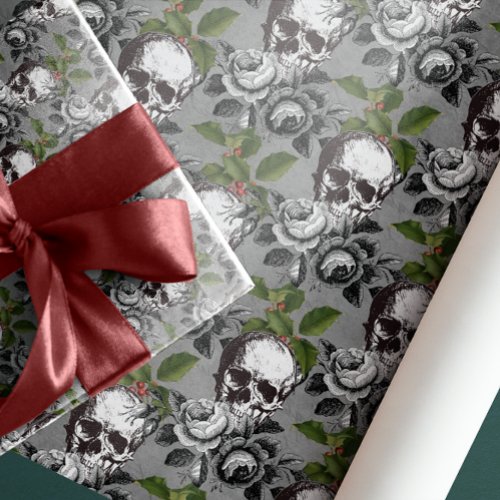 ANTIQUE SKULLS BLACK GRAY ROSES  WRAPPING PAPER