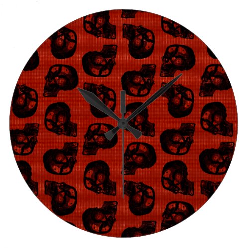 Antique Skulls Pattern Vintage Rustic Red Orange Large Clock