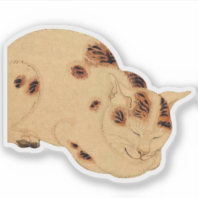 Antique Sleeping Cat Japanese Woodblock Ukiyo-e Sticker (Front)