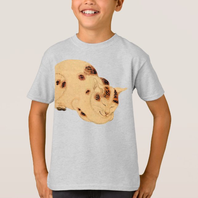 Antique Sleeping Cat Japanese Woodblock Ukiyo-e T-Shirt (Front)