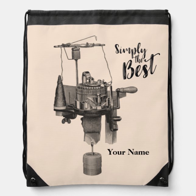 Antique Sock Knitting Machine Line Drawing Drawstring Bag (Front)