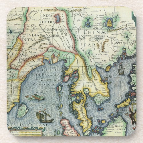 Antique Southeast Asian Map by Mercator  Hondius Beverage Coaster
