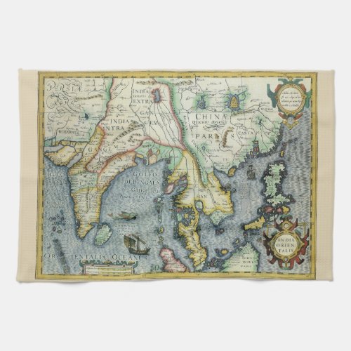 Antique Southeast Asian Map by Mercator  Hondius Kitchen Towel