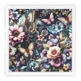 Antique Spring Flowers and Butterflies  Acrylic Tray