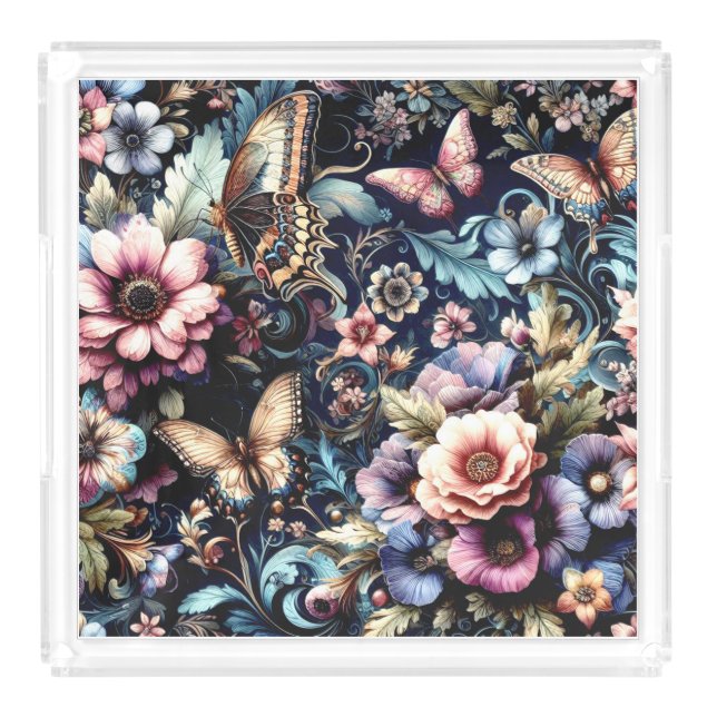 Antique Spring Flowers and Butterflies  Acrylic Tray (Front)