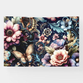 Antique Spring Flowers and Butterflies Banner