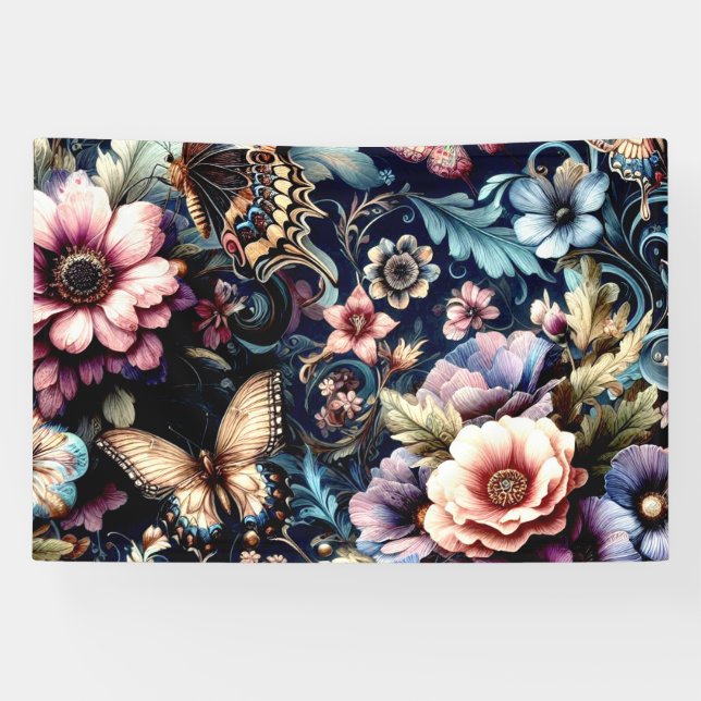 Antique Spring Flowers and Butterflies  Banner (Horizontal)