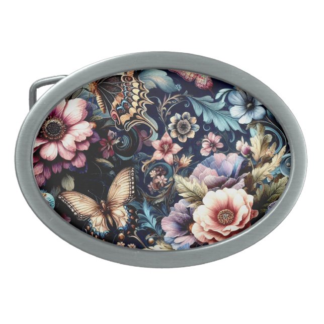 Antique Spring Flowers and Butterflies  Belt Buckle (Front)