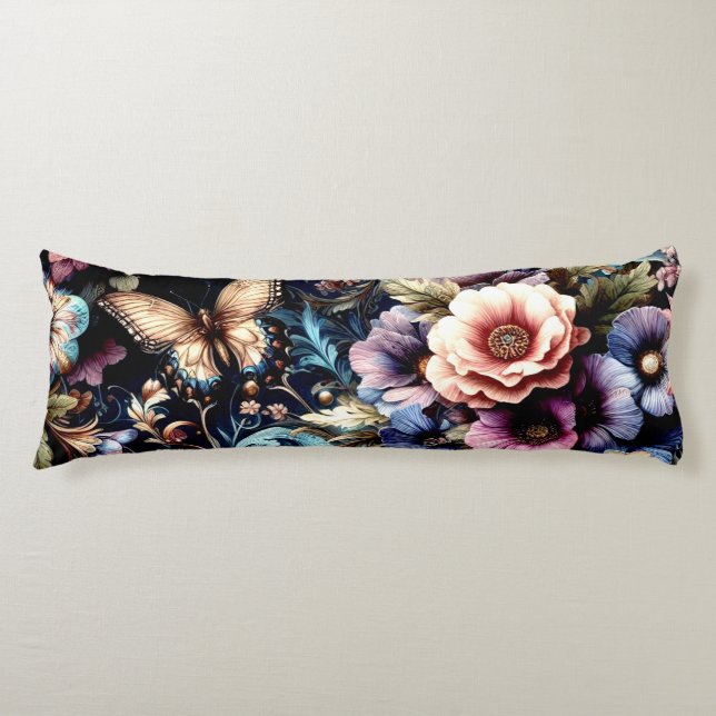 Antique Spring Flowers and Butterflies  Body Pillow (Front)