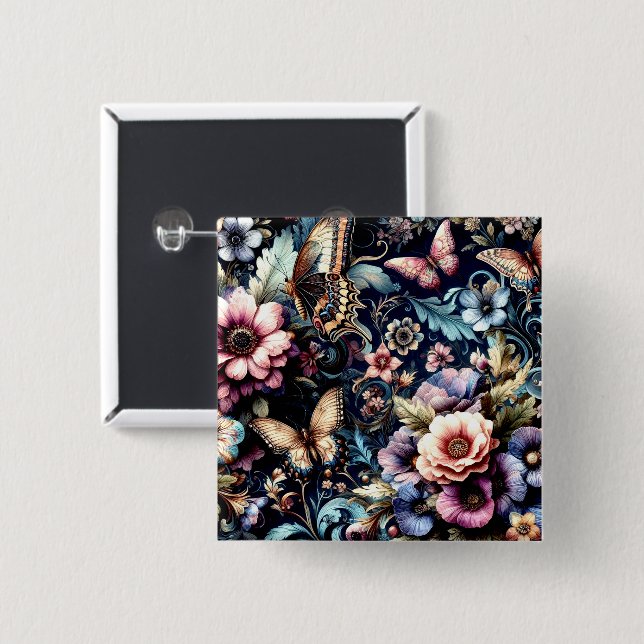 Antique Spring Flowers and Butterflies  Button (Front & Back)