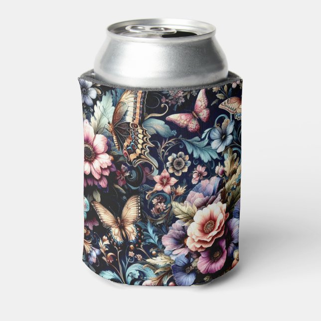 Antique Spring Flowers and Butterflies  Can Cooler (Can Back)