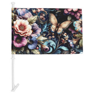 Antique Spring Flowers and Butterflies  Car Flag