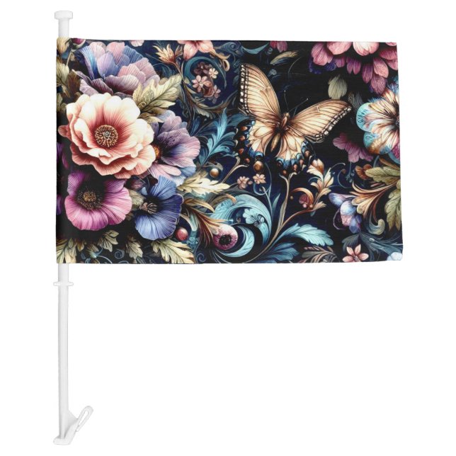 Antique Spring Flowers and Butterflies  Car Flag (Front)