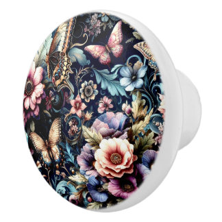 Antique Spring Flowers and Butterflies  Ceramic Knob