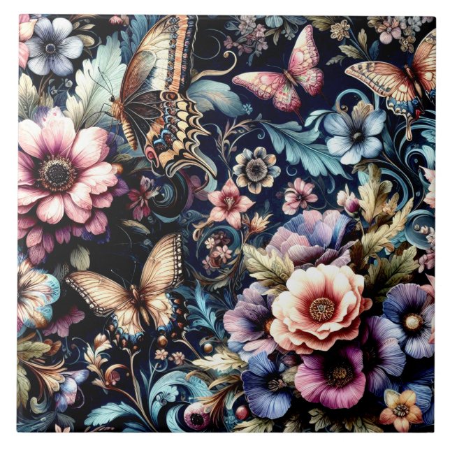 Antique Spring Flowers and Butterflies  Ceramic Tile (Front)