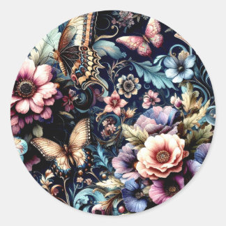 Antique Spring Flowers and Butterflies  Classic Round Sticker