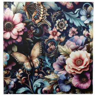 Antique Spring Flowers and Butterflies  Cloth Napkin