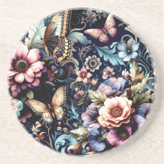 Antique Spring Flowers and Butterflies Coaster