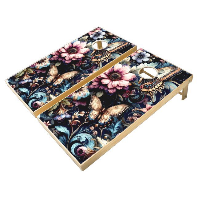 Antique Spring Flowers and Butterflies  Cornhole Set (Angled)
