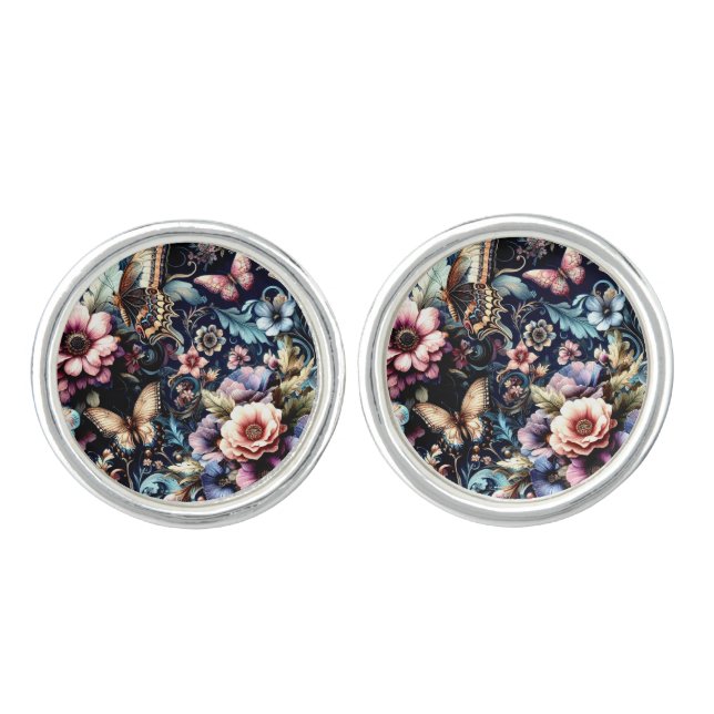 Antique Spring Flowers and Butterflies  Cufflinks (Front)