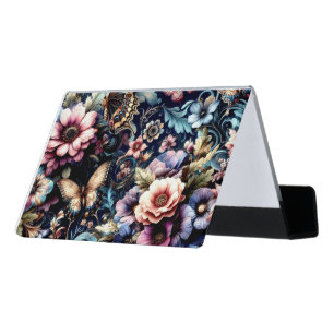 Antique Spring Flowers and Butterflies Desk Business Card Holder