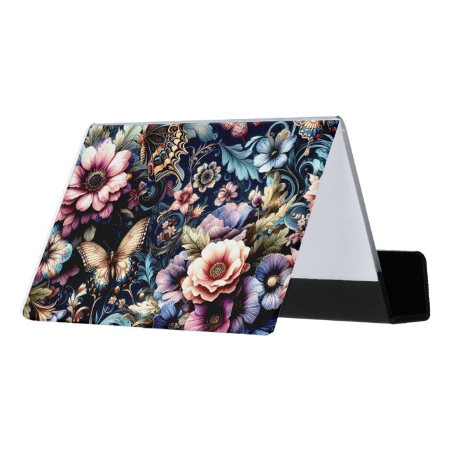 Antique Spring Flowers and Butterflies  Desk Business Card Holder (Angled Back)