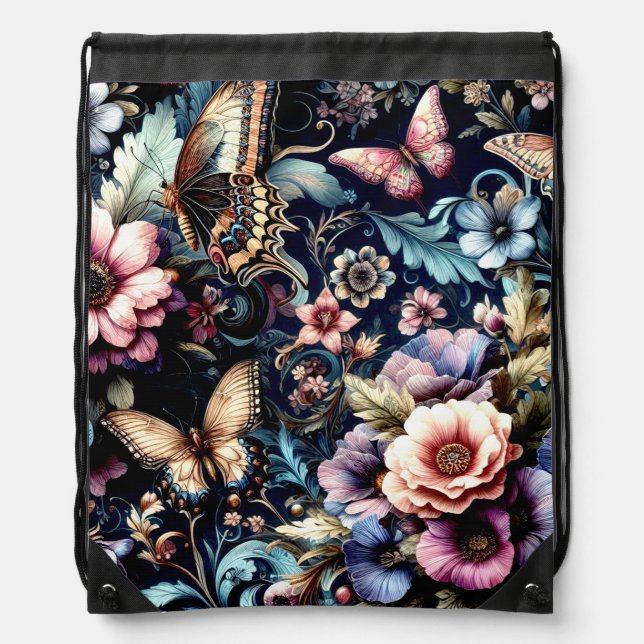 Antique Spring Flowers and Butterflies  Drawstring Bag (Front)
