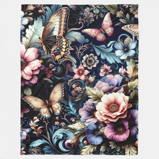 Antique Spring Flowers and Butterflies  Fleece Blanket (Front)