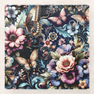 Antique Spring Flowers and Butterflies  Glass Coaster