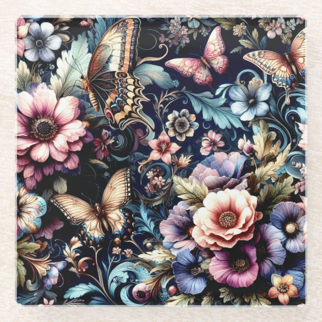 Antique Spring Flowers and Butterflies  Glass Coaster (Front)