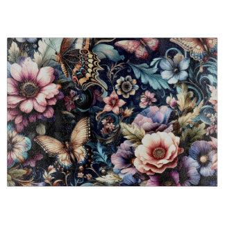 Antique Spring Flowers and Butterflies Glass Cutting Board