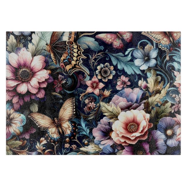 Antique Spring Flowers and Butterflies Glass Cutting Board (Front)