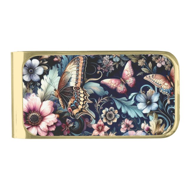 Antique Spring Flowers and Butterflies  Gold Finish Money Clip (Front)