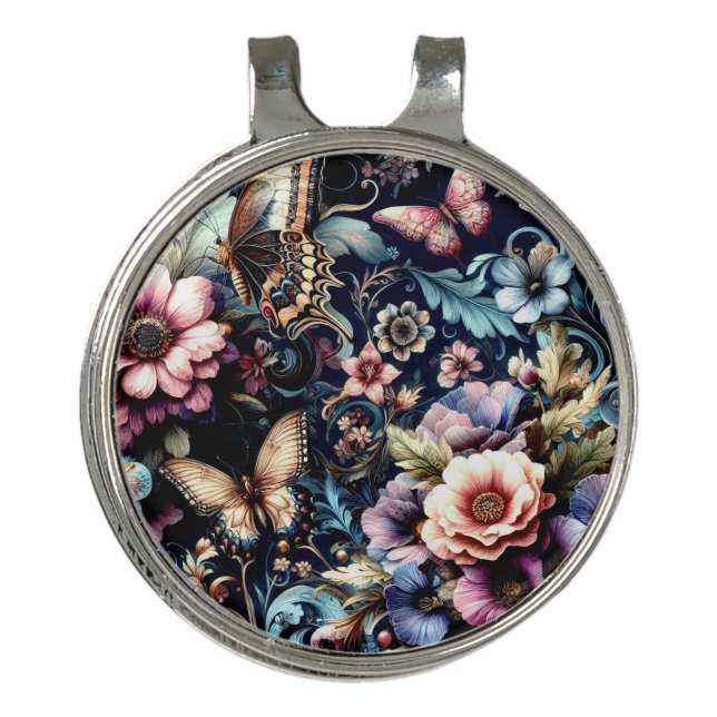 Antique Spring Flowers and Butterflies  Golf Hat Clip (Front)