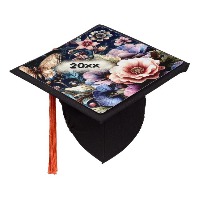 Antique Spring Flowers and Butterflies  Graduation Cap Topper (Angled)