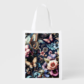 Antique Spring Flowers and Butterflies  Grocery Bag