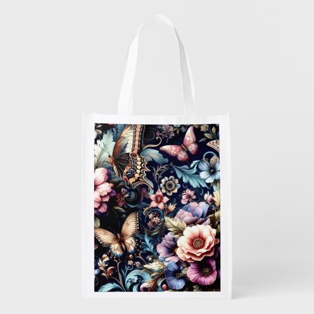 Antique Spring Flowers and Butterflies  Grocery Bag (Front)