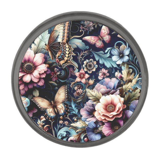 Antique Spring Flowers and Butterflies  Gunmetal Finish Lapel Pin (Front)