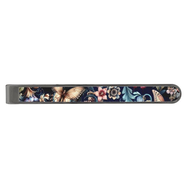 Antique Spring Flowers and Butterflies  Gunmetal Finish Tie Bar (Front)