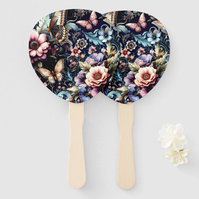 Antique Spring Flowers and Butterflies  Hand Fan (Front and Back)