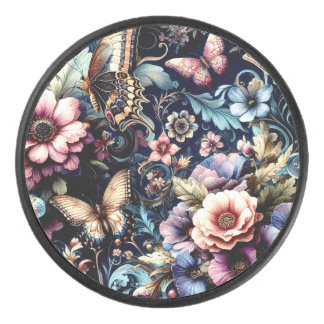 Antique Spring Flowers and Butterflies Hockey Puck