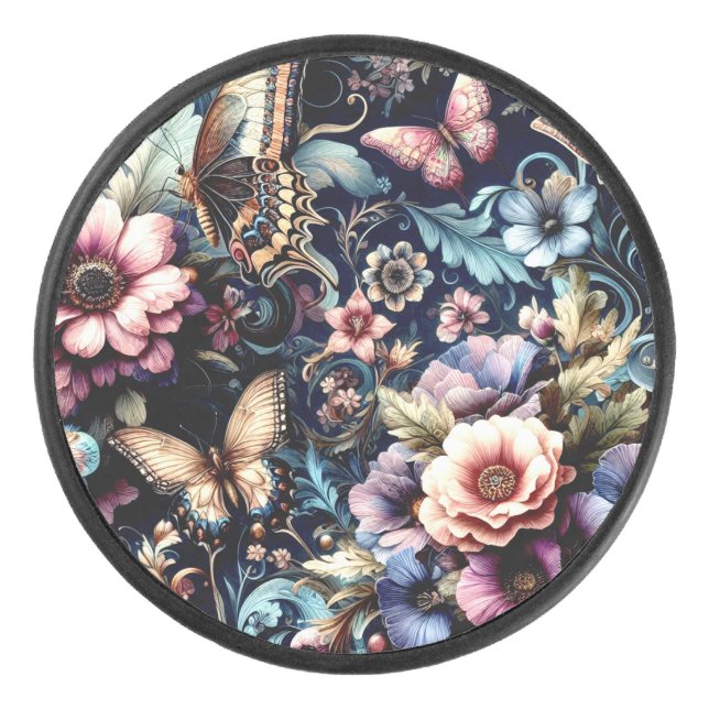 Antique Spring Flowers and Butterflies  Hockey Puck (Front)