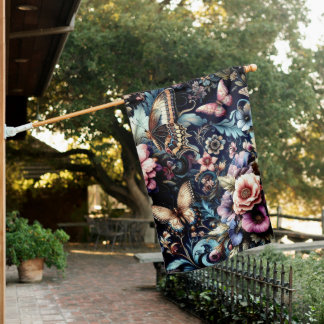 Antique Spring Flowers and Butterflies  House Flag