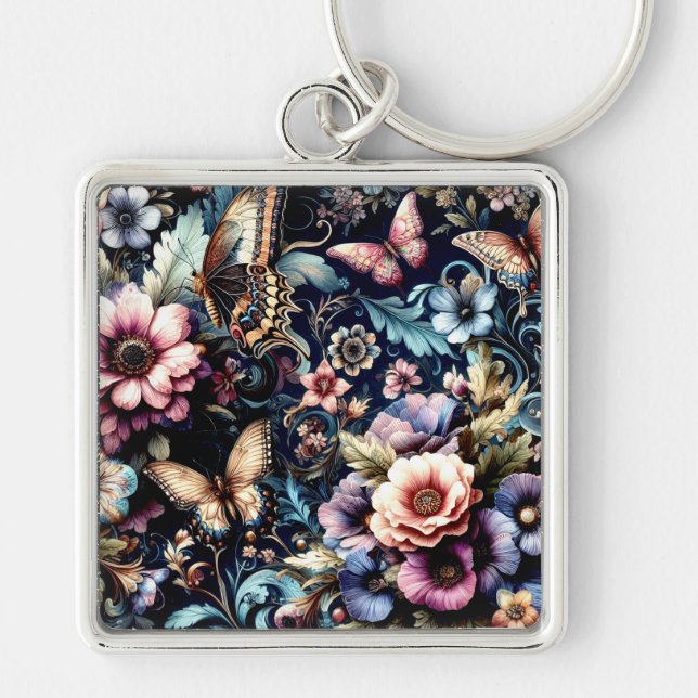 Antique Spring Flowers and Butterflies  Keychain (Front)