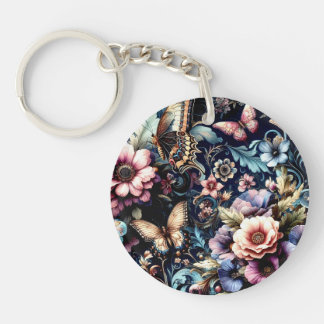 Antique Spring Flowers and Butterflies  Keychain