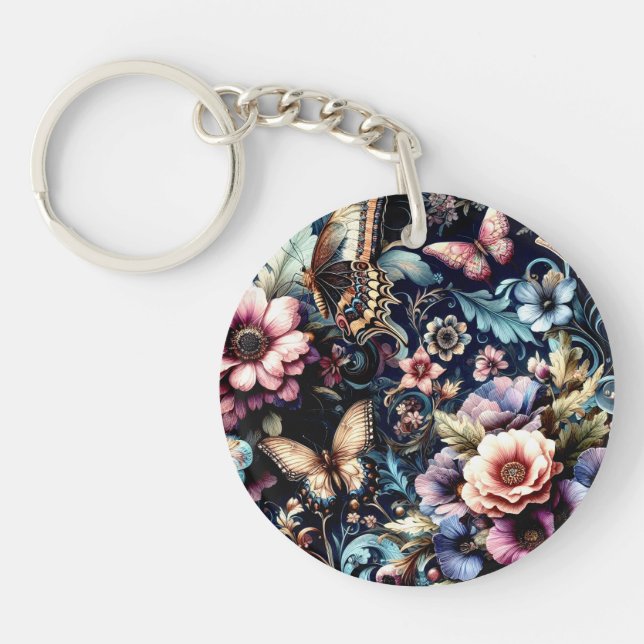 Antique Spring Flowers and Butterflies  Keychain (Front)