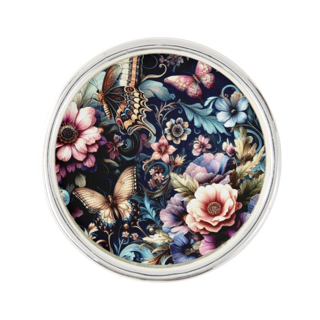 Antique Spring Flowers and Butterflies  Lapel Pin (Front)