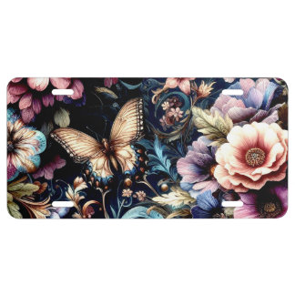 Antique Spring Flowers and Butterflies License Plate
