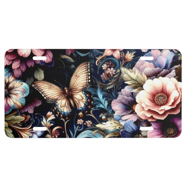 Antique Spring Flowers and Butterflies  License Plate (Front)