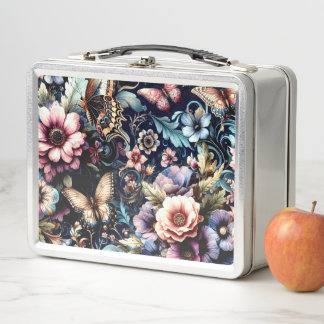 Antique Spring Flowers and Butterflies  Metal Lunch Box